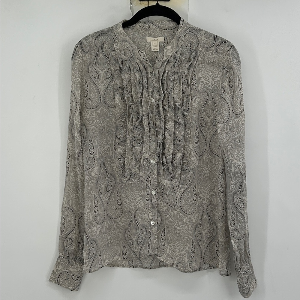 J.Crew Ruffle Bib 100% Silk Button Shirt Blouse Size 6